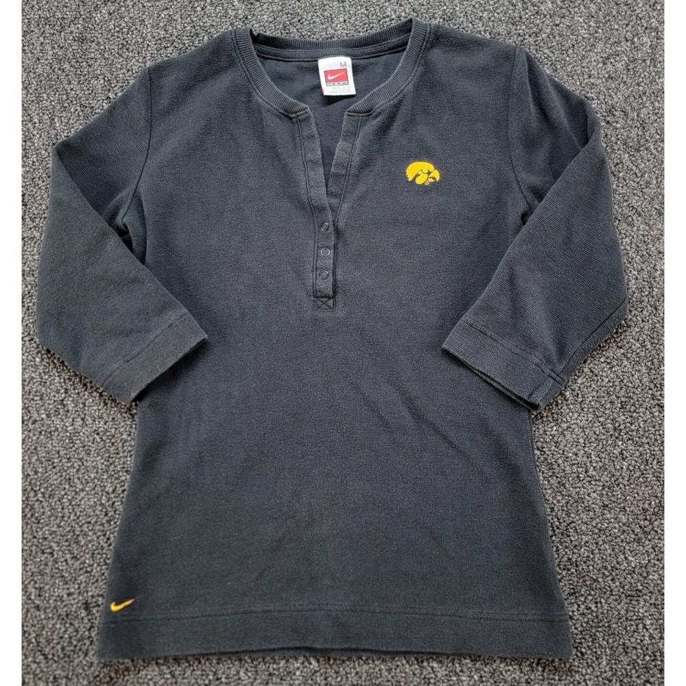 Nike Iowa Hawkeyes Shirt Womens M Black 3/4 Sleeve Henley Waffle Knit Faded Y2K